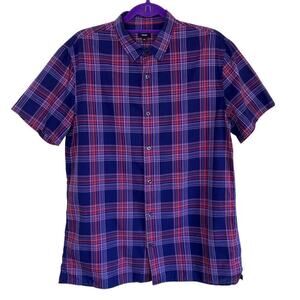 Vince Mens Lg Manhattan Button Down Short Sleeve Shirt Red Purple Plaid Cotton